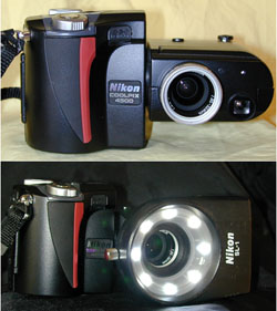 War bei Bryologen lange sehr beliebt: Nikon Coolpix4500 mit Ringleuchte 'Coollight'; Foto: Stapper